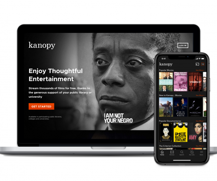 kanopy displayed on laptop and mobile screens