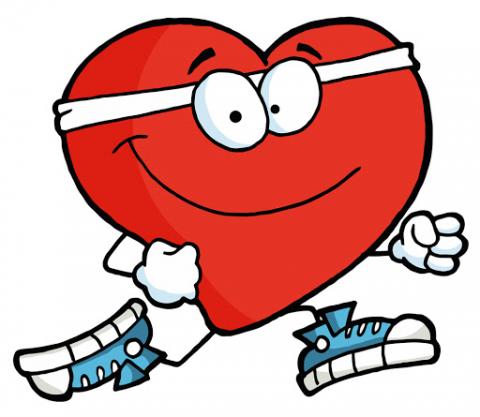 Cartoon clip art of a red heart that has arms and hands, eyes and a smile with sneakers on, ready to exercise.