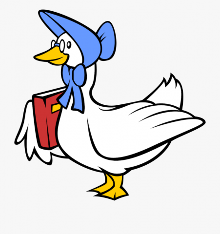 Clip Art picture of a white goose with a blue bonnet, spectacles and a red book under her wing. 
