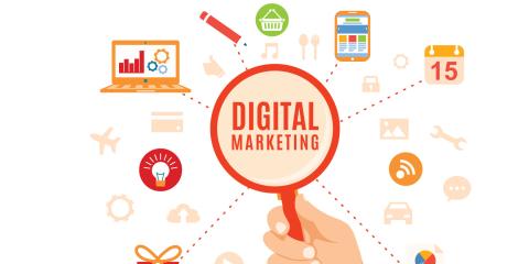 Image of an orange magnifying glass over the words "Digital Marketing"