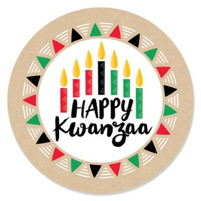 An image of a circle with a colorful diamond pattern and a kinara with the words "Happy Kwanzaa" spelled out in the center.