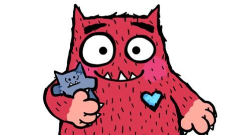 Cartoon image of a red monster with big eyes and a sweet smile with jagged teeth holding a stuffed animal in his arm. 
