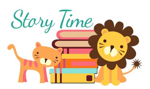 Cartoon image of a stack of books, a little cat and lion and the words "story time" written out.