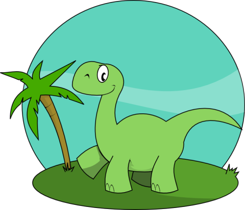 Clipart image of a green Brontosaurus with a smile and a little tree that looks like a Palm Tree in front of the dinosaur. 