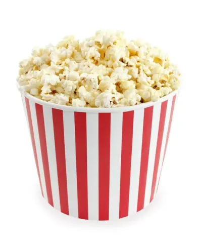 Image of a red and white striped tub of popcorn.