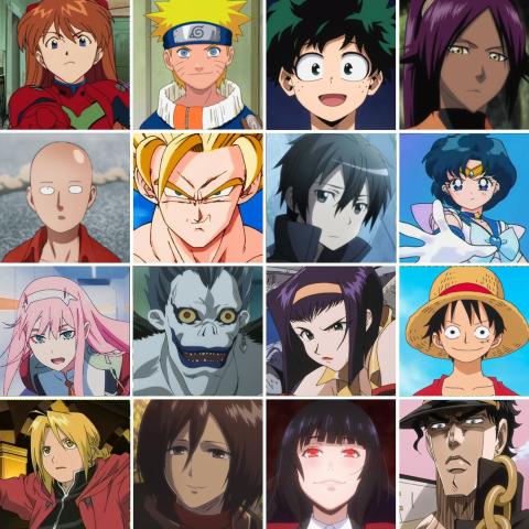 image of various anime protagonists in a 4x4 grid format, with characters including Naruto, Attack on TItan's Mikasa, My Hero Academia's Midoriya, and Kakegurui's Yumeko 