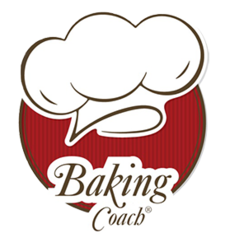 The Baking Coach logo, which is a red circle with a brown outline, the words Baking Coach written in a brown font with a white outline and a stylized chefs hat on top.