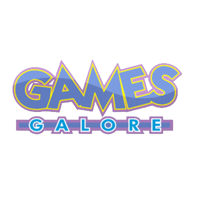 blank background with bleu text reading "Games Galore" on top of it with a purple outline around the words.