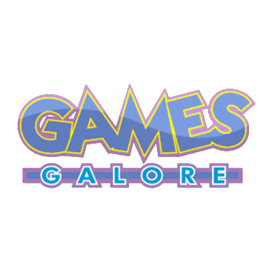 blank background with blue text reading "Games Galore" on top of it with a purple outline around the words.