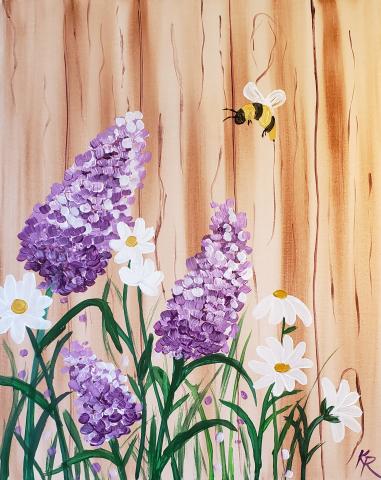 Image of an acrylic painting with lavender and daisy flowers and a flying bee 