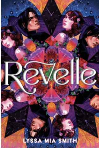 Image of the book Revelle, which visually features a man and woman repeated in the shape of a kaleidoscope style artwork. The letters are white script. 
