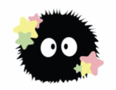 Studio Ghibli soot sprite (which is a fuzzy black blob with eyes) and pink, yellow, and green stars decorating its head