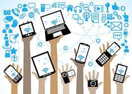 image of multiple hands holding up phones and tablets and laptops over a technology blue themed background.