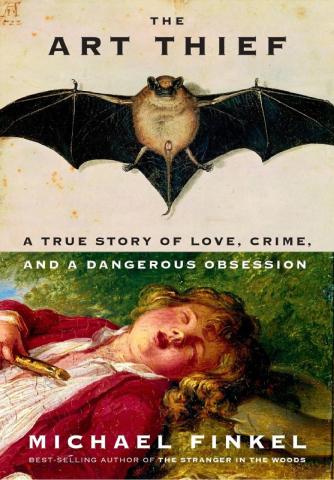 Image of the book cover featuring a painted picture of a bat and on the bottom half a person laying in the grass. 