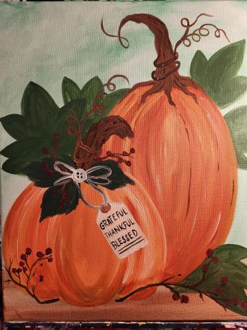 Image of painting featuring 2 orange pumpkins painted on canvas. 