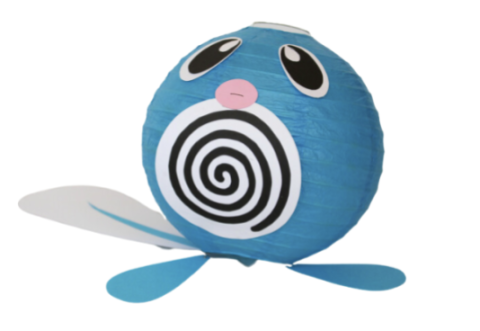 A lantern shaped like the Pokemon Poliwag, which is a round blue Pokemon with a black swirl on its chest, two legs, a white tail, pink lips, and black eyes.