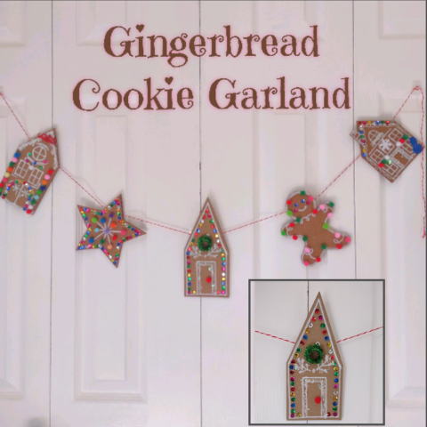 Image of the craft featuring decorated gingerbread cookies on a string. 