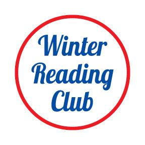 Red circle with "Winter Reading Club" written in the color blue inside the circle.
