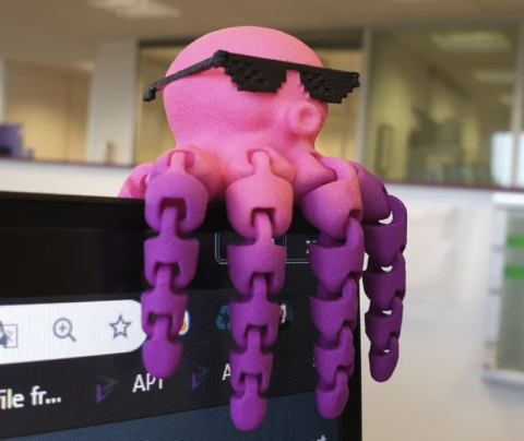 a pink 3D printed octopus with sunglasses.