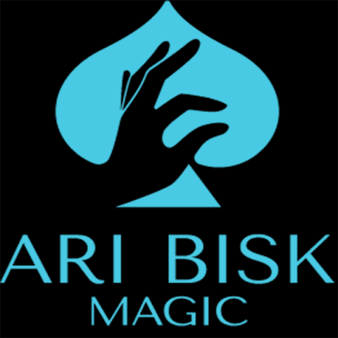 Silhouette of a hand over a blue spade with blue text underneath reading "ARI BISK MAGIC"