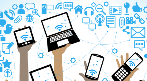 Posterized image of hands holding up miscellaneous devices such as laptops, tablets, and cell phones.