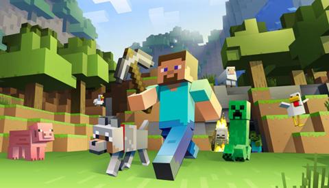 minecraft video game of man, dog and pig in village