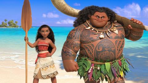 Moana characters in front of a beach.