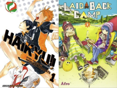 Two anime covers side by side, one of Haikyu!! and one of Laid Back Camp.