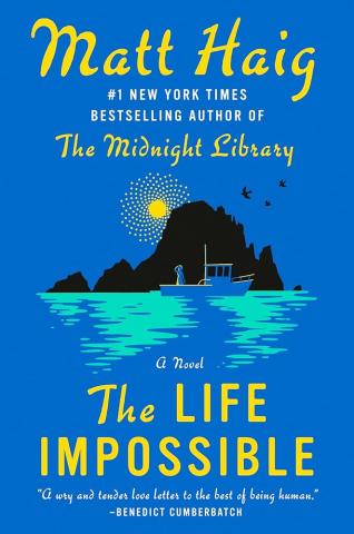 Image of the book cover featuring a dark sky, a mountain in the distance and a boat on the water with the moon shining down.