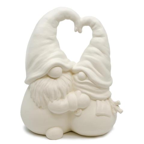 Image of 2 ceramic gnomes hugging and their hats coming together to create a heart shape. 