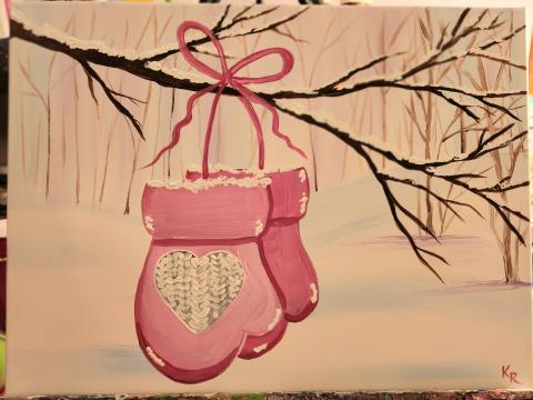 Image of a painted canvas that has a pair of mittens hanging from a tree branch. 