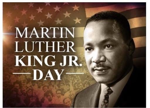 Picture fo Martin Luther King Jr. with an American Flag in the background.  The words of Martin Luther King Jr. Day are spelled out. 