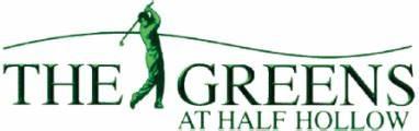 Greens' logo that says The Greens at Half Hollow with a silhouette of a person playing golf. 