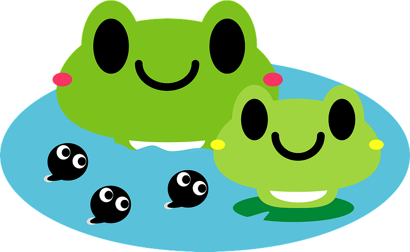 Clipart picture of 2 frogs and 3 tadpoles in water. 