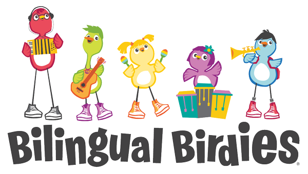 Clipart picture of little birds with instruments and the words "Bilingual Birdies" spelled out. 