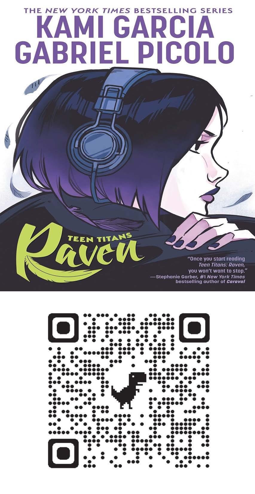 Image of graphic novel "Raven" of DC Comics featuring a girl with short bobbed hair that is purplish in color. She is sitting in profile and has earphones on. Under the book cover is a QR code for people to scan to download the book through Hoopla.