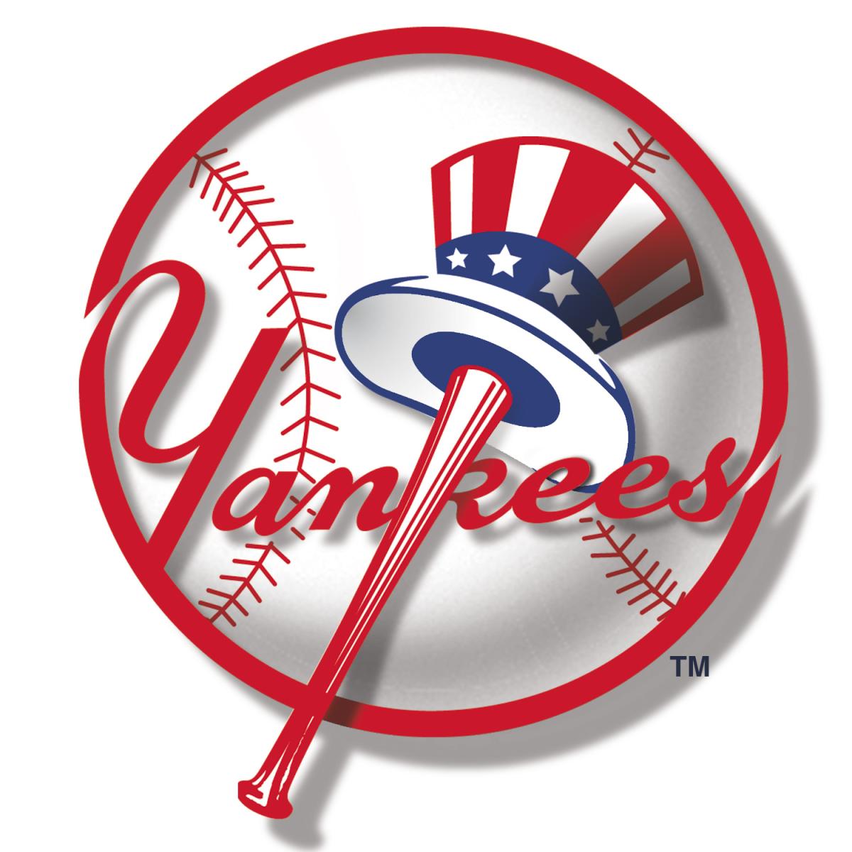 Image of the NY Yankees Logo. A baseball with red outline and stitching, "Yankees" written out in red lettering with, a baseball bat with a red and white striped hat with a blue band and white stars on the top end of the bat. 