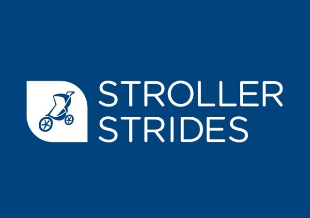 Blue rectangle with the word Stroller Strides written out and a clipart image of a stroller in a white box within the blue rectangle.