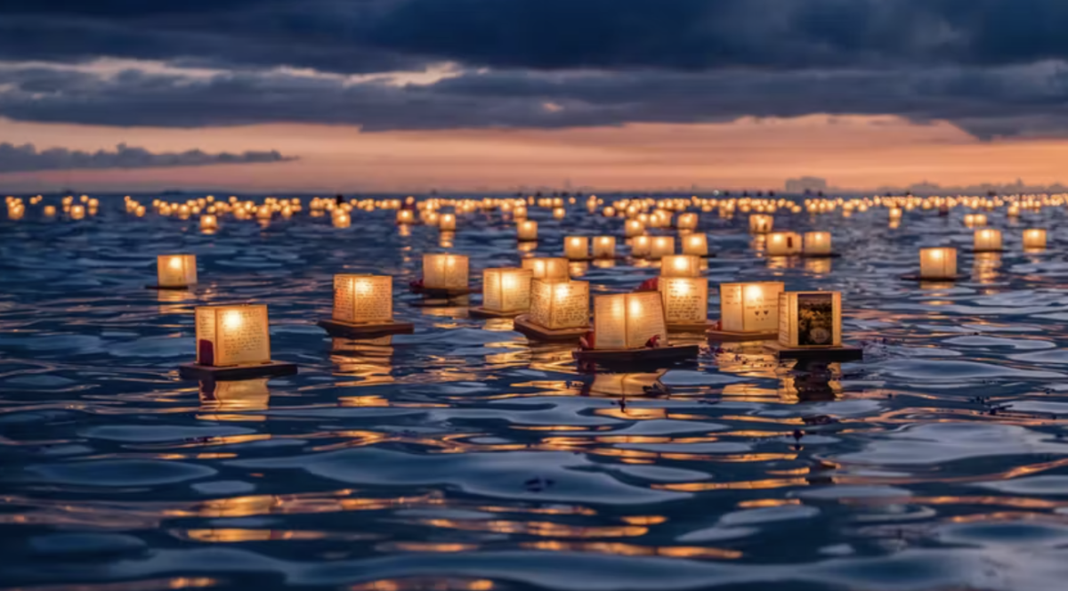 image of paper ocean lanterns floating in the ocean with a sunset and clouds in the background.