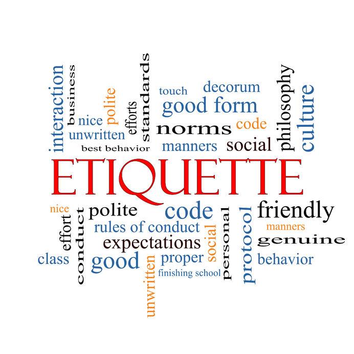 Etiquette written in big red letters in the center surrounded by other words relating to it.
