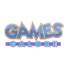 blank background with bleu text reading "Games Galore" on top of it with a purple outline around the words.
