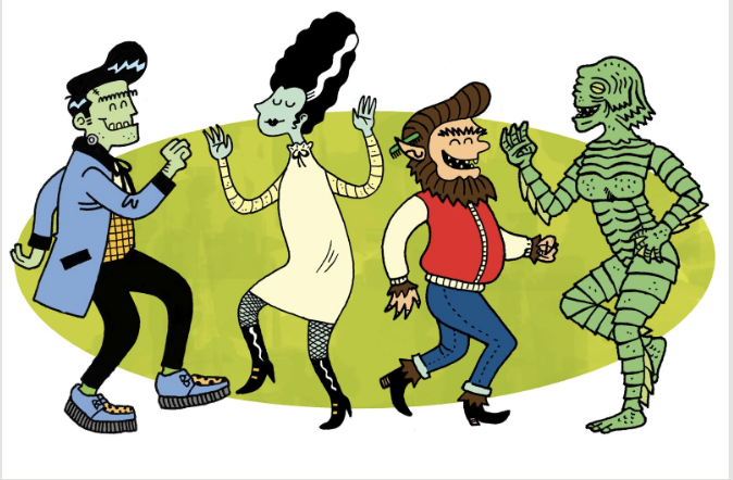 Image of Frankenstein's Monster, Frankenstein's Bride, a werewolf, and a mummy clipart dancing overlaying a green oval in the background.