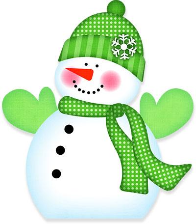 Clipart snowman with green hat, mittens and scarf.