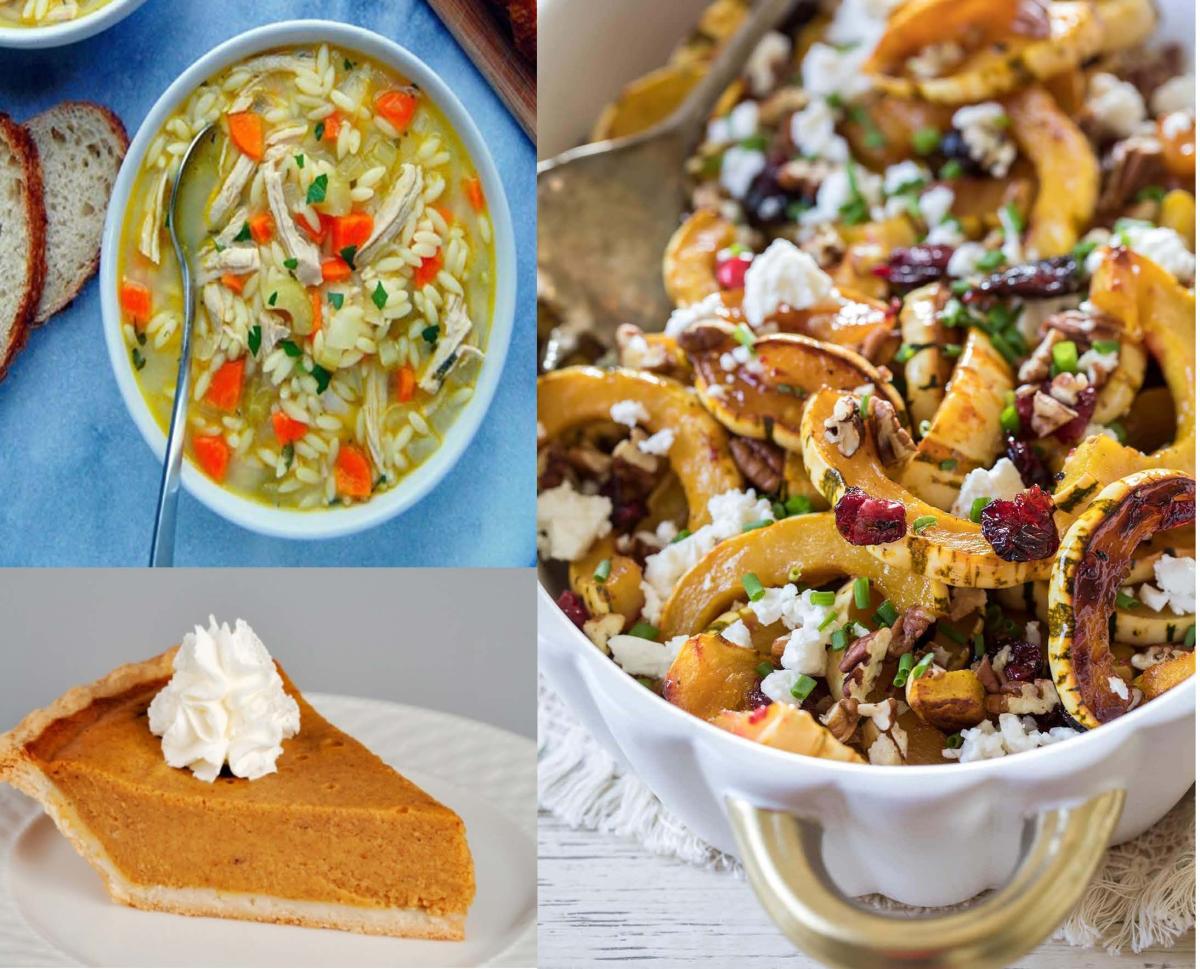 Image of 3 plates of food. Soup, Squash and Sweet potato pie. 