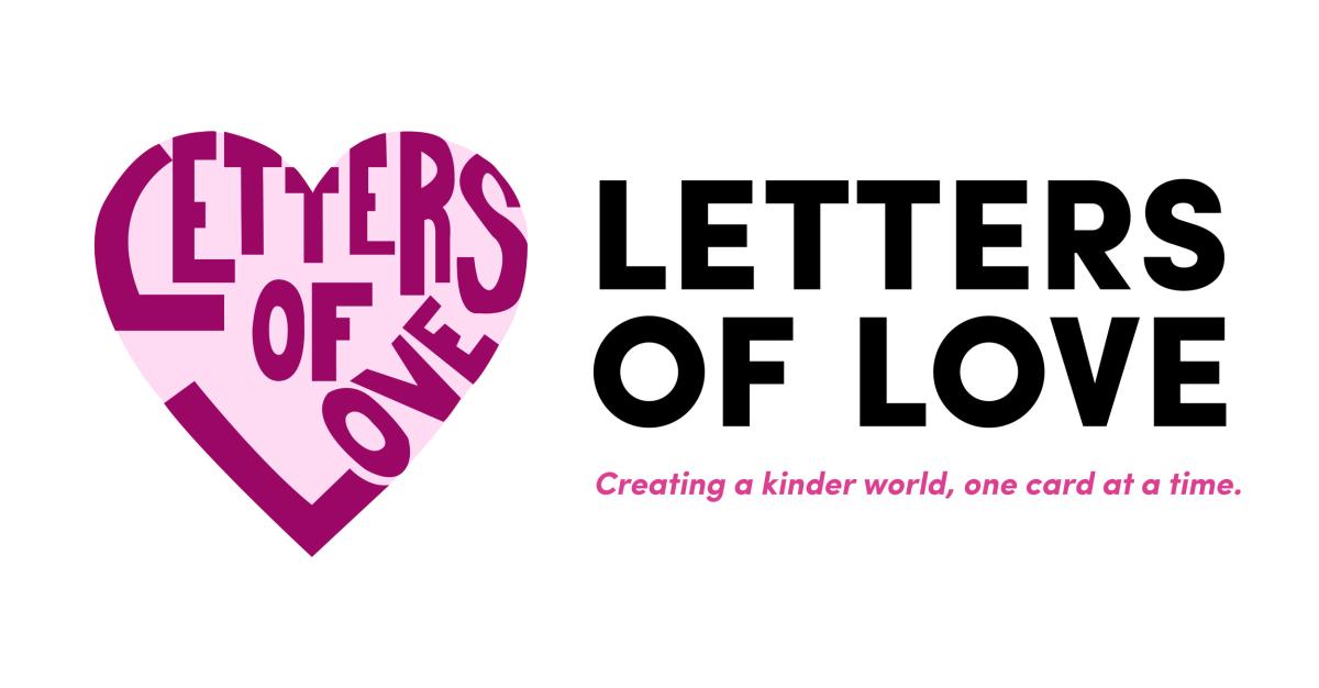 The Logo of Letters of Love, which is a pink heart, and the name fitting into it in darker pink letters. Beside it, LETTERS OF LOVE is written in black bold letters, beneath in pink writes Creating a kinder world, one card at a time.