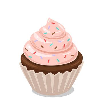 Image of a clipart chocolate cupcake with a gray wrapper, pink frosting, and rainbow sprinkles.