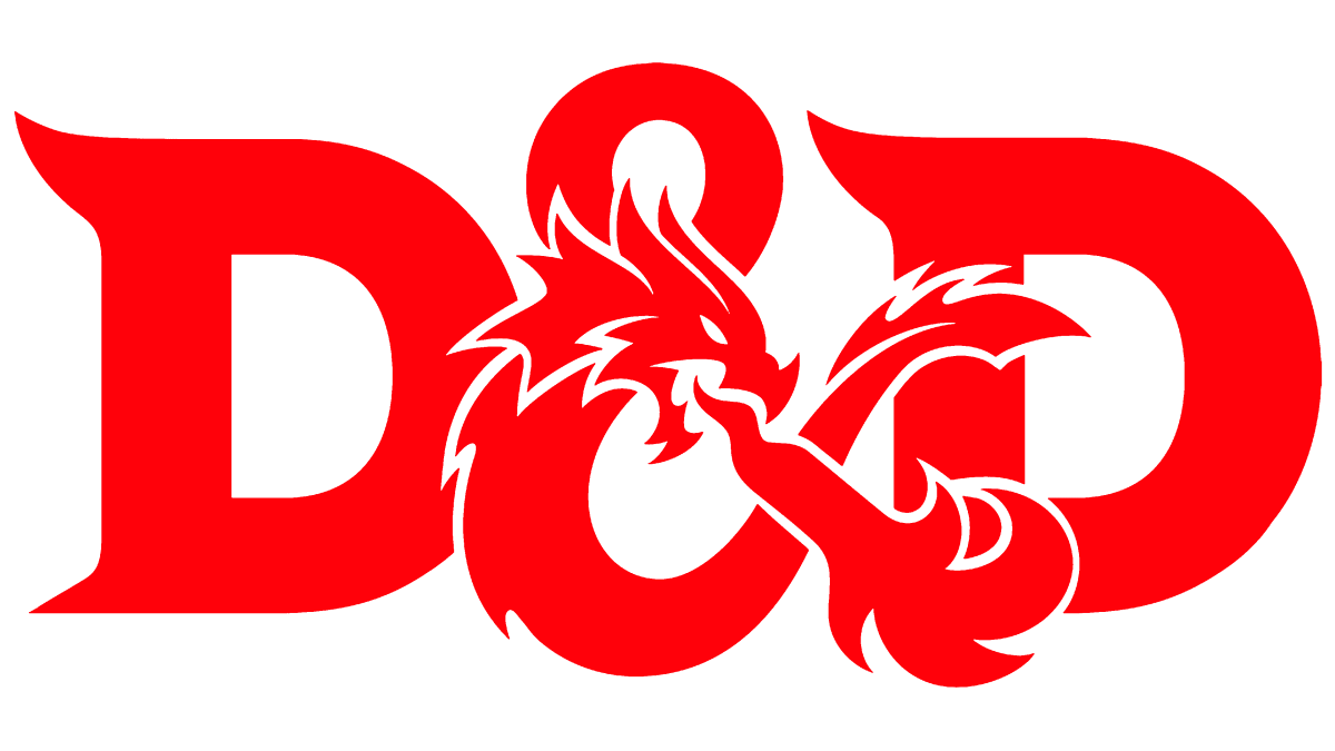D&D Logo written in red, which is two D's with a Dragon in the middle curling around itself in the shape of an ampersand, breathing flames