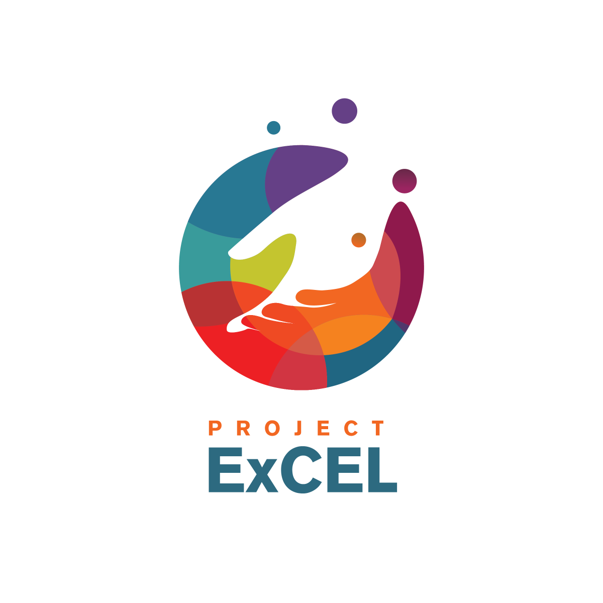 Image of the Project Excel logo, featuring a hand made of negative space amongst red, orange, green, blue, and purple overlapping circles, with the words PROJECT in orange, and ExCEL in blue.