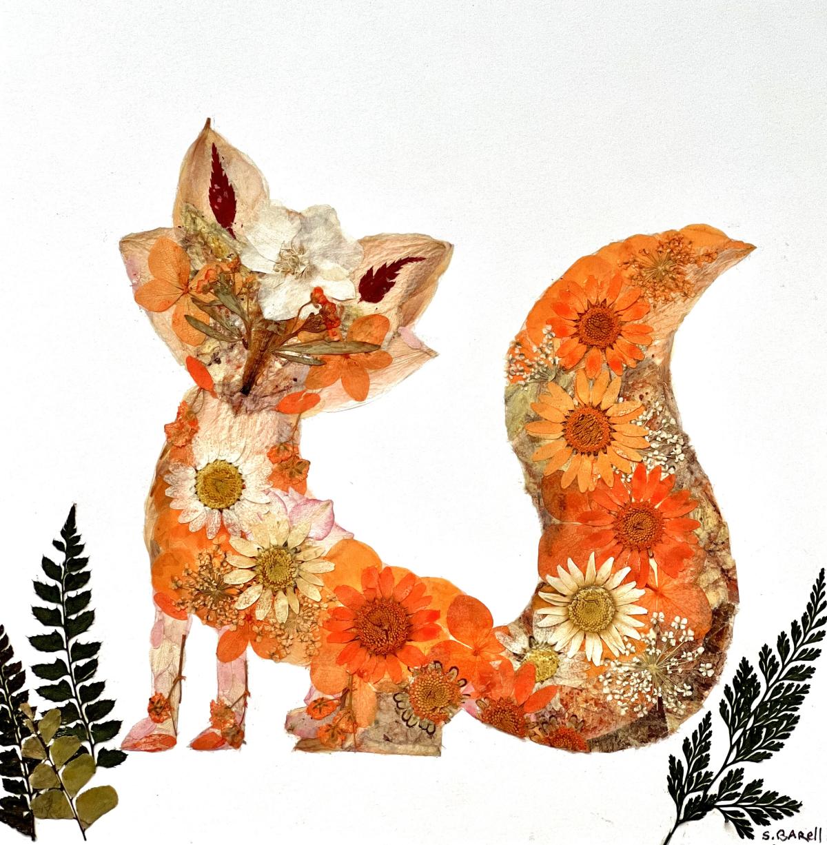 Image of the craft featuring a picture of a fox composed of small fall colored dried flowers. 