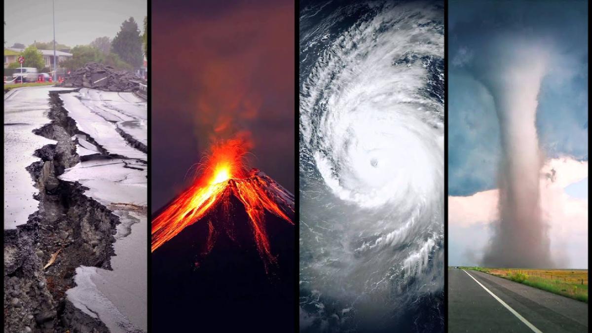 4 images side by side of an earthquake, a volcanic eruption, a tornado, and a hurricane